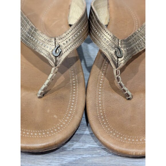 OluKai Women’s Leather Flip Flops/Sandals/Thongs Gold Straps Size 9 - Picture 3 of 16